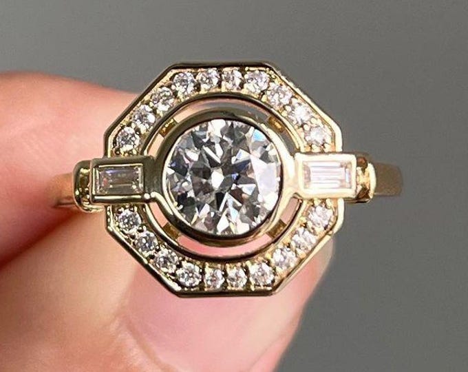 Antique Round Halo Moissanite Engagement Ring 14K Yellow Gold Bezel Set with Baguette Accents  Art Deco Statement Ring Vintage Wedding