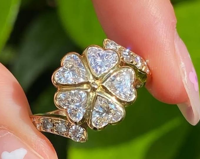 Floral Heart Cut Moissanite Engagement Ring Vintage 14K Solid Gold Bypass Ring Bezel Set Wedding Ring Nature Inspired Jewelry for Her