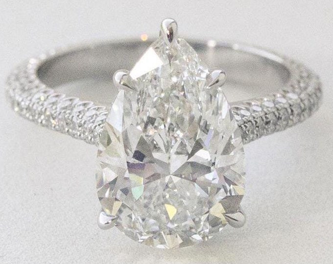 Pear Moissanite Engagement Ring Colorless Diamond Wedding Ring Pear Hidden Halo Ring 14K Solid Gold Ring Anniversary Gift For Her