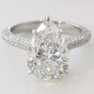 Pear Moissanite Engagement Ring Colorless Diamond Wedding Ring Pear Hidden Halo Ring 14K Solid Gold Ring Anniversary Gift For Her