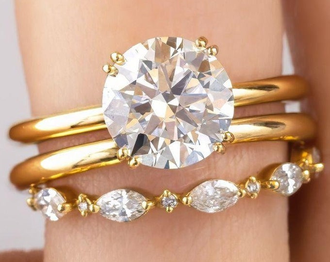 Three Ring Set 2 CT Round Cut Moissanite Engagement Ring Set 14K Solid Gold Anniversary Ring Set For  Wedding Ring Set For Bridal