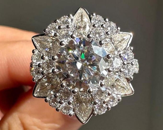 Floral Moissanite Cluster Engagement Ring Starburst Halo Ring Pear & Round Cut Statement Ring 14K Gold Bridal Jewelry Anniversary Ring
