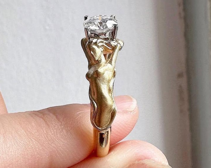 Hand Holding Diamond Ring Unique Gold Engagement Ring Realistic Hand Ring Artistic Handmade Jewelry One of a Kind Ring Anniversary Gift