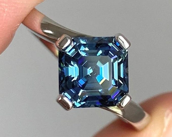 Bypass Blue Asscher Cut Moissanite Engagement Ring Solitaire Ring 14k Gold Ring For Her Wedding Ring Anniversary Ring Asscher Cut Ring