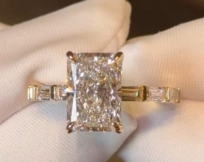 4CT Radiant Cut Moissanite Engagement Ring Baguette Diamond Band 14K Gold Vintage Inspired Ring Unique Bridal Ring Anniversary Gift for Her