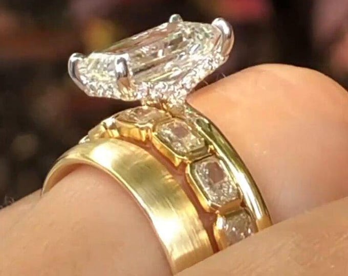 3CT Emerald Cut Moissanite Engagement Ring Set Solid Gold Bridal Ring Set Double Band Bezel Set Three Rings Promise Rings Anniversary Gift
