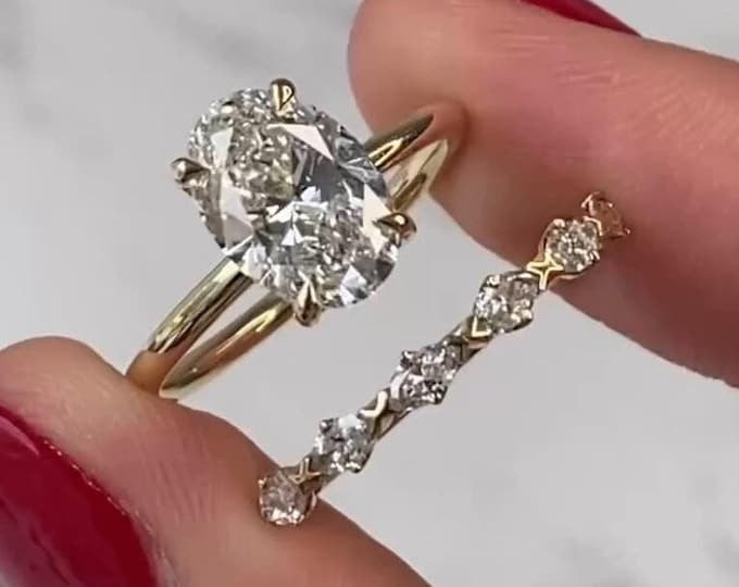2ct Oval Moissanite Engagement Ring Set Solitaire Oval Wedding Ring Set 14K Solid Gold Ring Bridal Ring Set East West Band Anniversary Gift