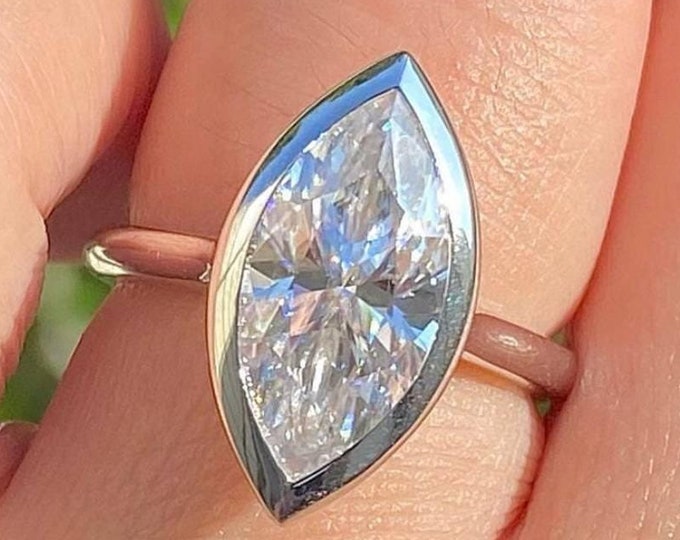 3CT Marquise Cut Moissanite Diamond Ring Marquise Cut Engagement Ring 14K Bezel Set Gold Ring Wedding Anniversary Ring Promise Gift For Her