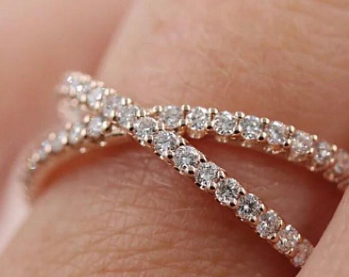 14k Gold Criss Cross Ring Dainty Crossed Ring Pave Diamond X Half Eternity Double Band Ring Minimalist Cross Round Ring Personalized Ring