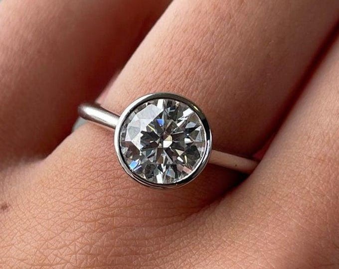 3CT Round Brilliant Cut Moissanite Engagement Ring Solitaire Round Cut Bezel Set Wedding Ring 14K Solid Gold Anniversary Gift Promise Ring