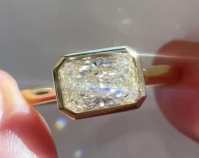 Bezel Set Radiant Cut Moissanite Engagement Ring East West Radiant Cut Wedding Ring Antique Cut Diamond Ring Anniversary Gift Ring For Women