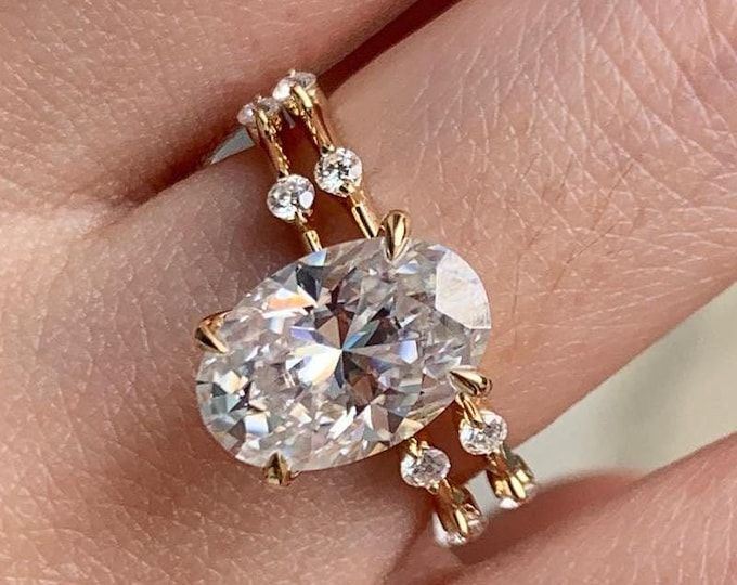 3ct Oval Moissanite Engagement Ring Set Solitaire Oval Cut Wedding Ring Set 14K Solid Gold Ring Bridal Ring Set Anniversary Gift