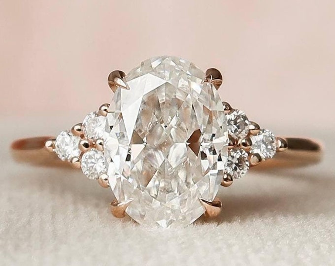 Oval Cut Diamond Engagement Ring Rose Gold Bridal Ring Unique Cluster Accent Vintage Wedding Jewelry Anniversary Gift For Women