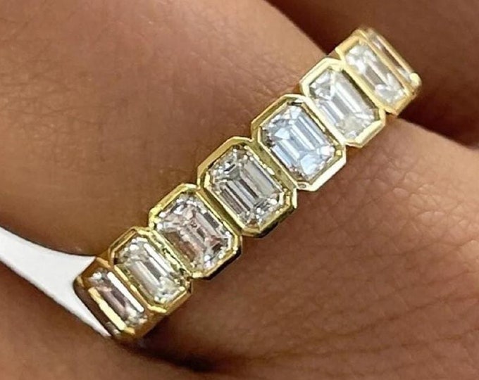 Bezel Set Emerald Cut Moissanite Diamond Wedding Band Emerald Cut Full Eternity Band 14K Gold Anniversary Band Stackable Band Gifts Her