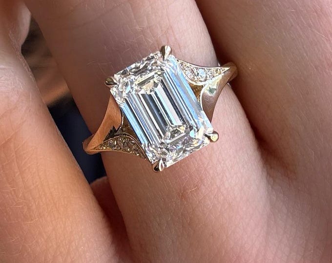 3.5CT Emerald Cut Moissanite Engagement Ring Unique Split Shank Ring 14K Gold Ring Hidden Halo Wedding Ring Diamond Ring Promise Ring