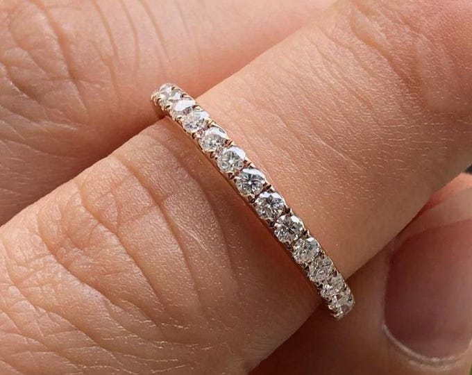 14K Solid Gold Diamond Eternity Band Ring Dainty Half Eternity Stacking Ring Classic Wedding Band Anniversary Gift Promise Ring for Her