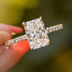 Radiant Cut Moissanite Engagement Ring Hidden Halo Radiant Cut Ring Unique Solid Gold Half Eternity Wedding Ring Anniversary Gift For Her