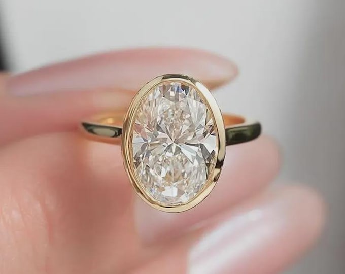 Bezel Set 2 Ct Oval Cut Moissanite Engagement Ring, Oval Cut Ring, Elongated Oval, Moissanite Engagement Ring, Ice Crushed Oval