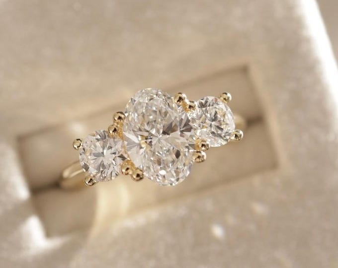 2.5CT Oval Cut Trilogy Engagement Ring Oval Three Stone Ring 14k Gold Past Present Future Ring Cathedral Band Wedding Ring Anniversary Gift