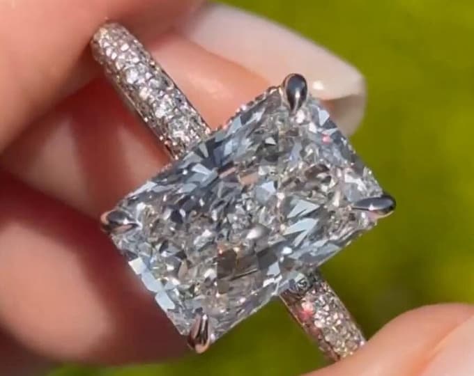 4 CT Radiant Moissanite Engagement Ring Dainty Radiant Engagement Ring Radiant Cut Hidden Halo Wedding Ring 14k White Gold Anniversary Ring
