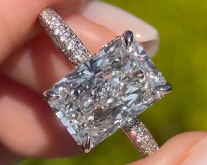 14K Solid White Gold Ring 5ct Radiant Cut Moissanite Engagement Ring Radiant Cut Diamond Ring Hidden Halo Ring Wedding Anniversary Ring