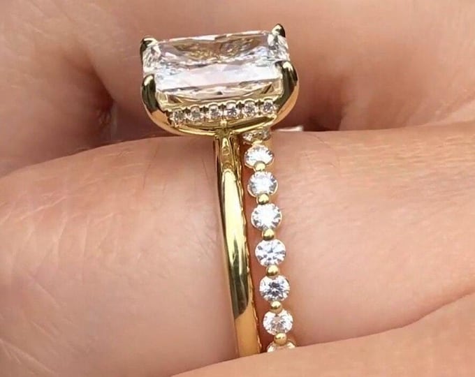 Radiant Cut Moissanite Engagement Ring Set Radiant Cut Solitaire Diamond Bridal Ring Set Women Matching Eternity Band Promise Ring Set