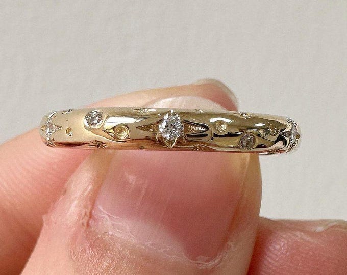 14K Solid Yellow Gold Stackable Band Round Cut Colorless Moissanite Engagement Band Full Eternity Unique Wedding Band Flush Setting Band
