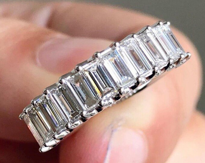 Emerald Cut Moissanite Diamond Wedding Band Emerald Cut Half Eternity Band 14K Gold Anniversary Band Stackable Band Gifts Her