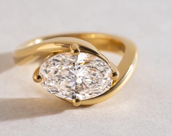 East West Bypass Oval Moissanite Engagement Ring Oval Cut Solitaire Ring 14k Gold Ring Wedding Ring Unique Anniversary Ring Diamond Ring