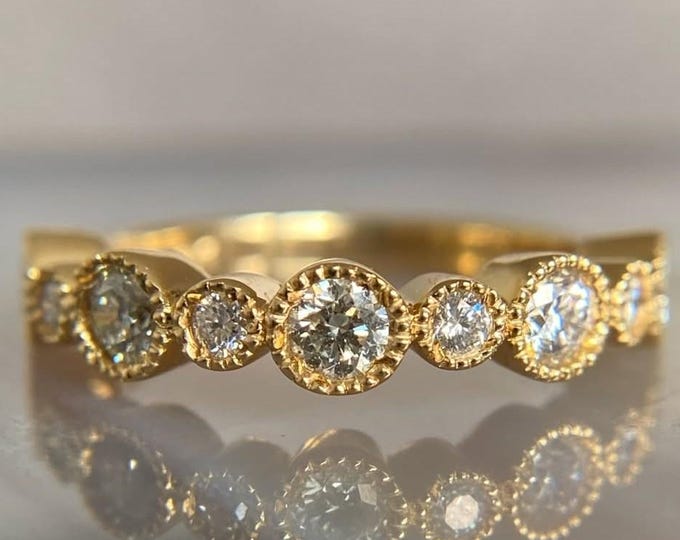 Vintage Inspired Moissanite 14K Solid Gold Ring Bezel Set Diamond Band Dainty Stackable Ring Anniversary Gift Unique Wedding Band for Her