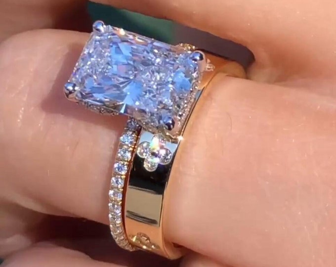 4CT Radiant Cut Moissanite Bridal Ring Set Radiant Cut Engagement Ring Set Flash Set Classic Band 14K Gold Ring Anniversary Gift For Women