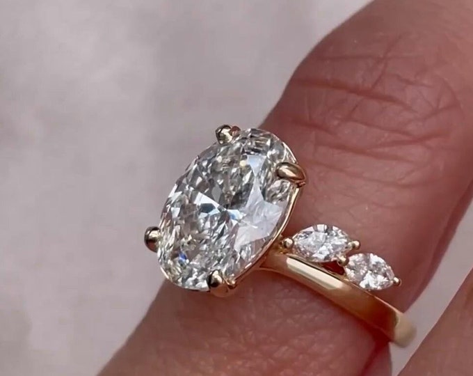 2ct Oval Cut Cluster Moissanite Engagement Ring Set Solitaire Oval Cut Wedding Ring Set 14K Solid Gold Ring Bridal Ring Set Anniversary Gift