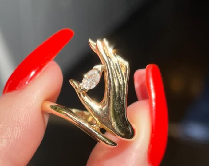 Hand Holding Moissanite Diamond Ring Unique Marquise Cut Engagement Ring 14k Gold Ring Statement Ring Open Band Gift for Her Wedding Ring