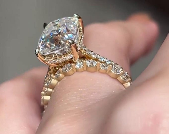 4 CT Elongated Cushion Cut Moissanite Engagement Ring Set 14K Gold Anniversary Ring Set For Matching Band Wedding Ring Set Bridesmaid Gift