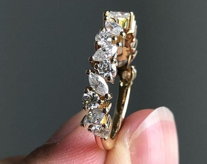 Open Shank Round & Marquise Cut Moissanite Diamond Wedding Band Vintage Half Eternity Band 14K Gold Anniversary Band Stackable Band Gift Her