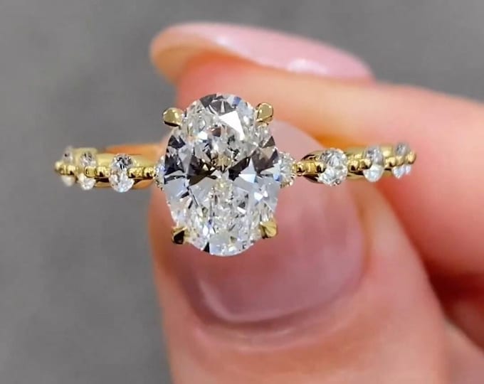 2ct Solitaire Oval Moissanite Engagement Ring Oval Cut Distance Pave Set Wedding Ring 14K Solid Gold Bridal Ring Anniversary Gift For Her
