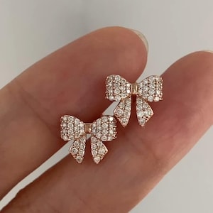 Ribbon Natural Diamonds Bow Studs Earrings Ribbon Cute Earrings 14k Gold Stylish Knot Earrings Gift For Her Micro Pave Diamonds Studs