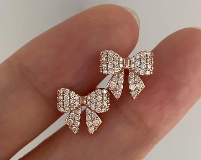 Ribbon Natural Diamonds Bow Studs Earrings Ribbon Cute Earrings 14k Gold Stylish Knot Earrings Gift For Her Micro Pave Diamonds Studs