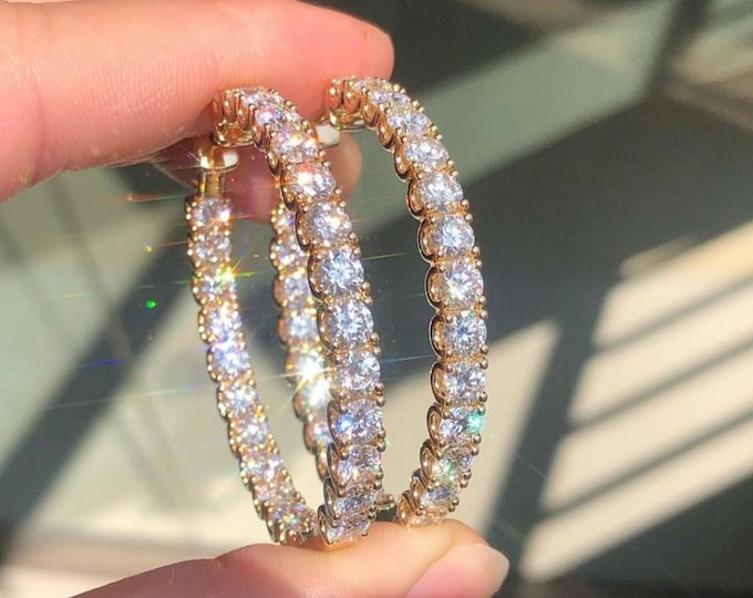 Gold Moissanite Hoop Earrings, Round Cut Eternity Hoops, Luxury Statement Jewelry, Sparkling Bridal Gift for Her, Anniversary Earrings