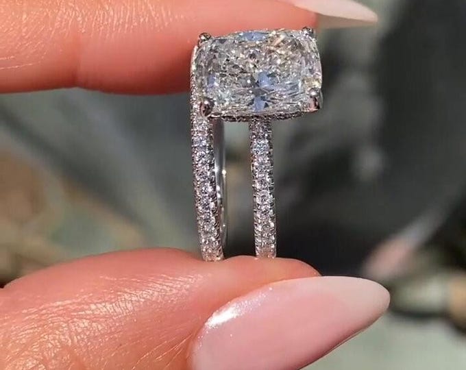 3 CT Elongated Cushion Cut Hidden Halo Moissanite Engagement Ring Set Anniversary Ring Set For Matching Band Wedding Ring Set For Bridal