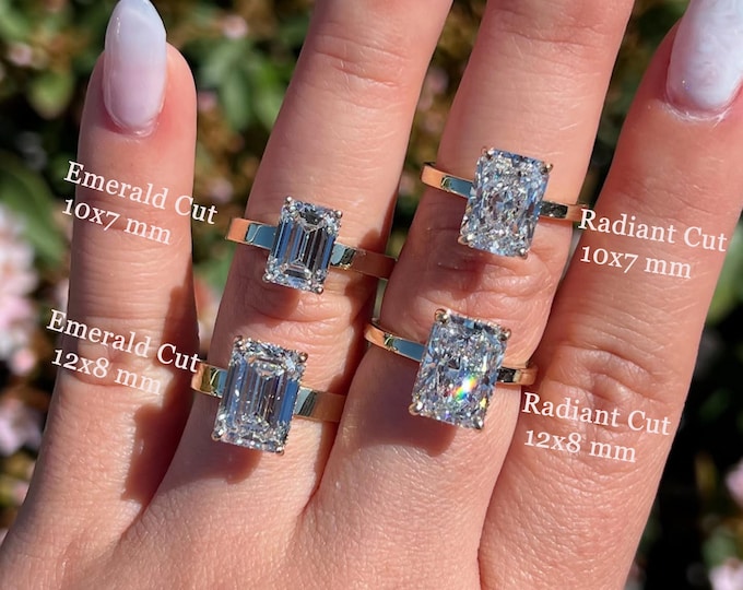 Rectangle Cut Moissanite Engagement Ring Radiant or Emerald Cut Solitaire Ring Solid Gold  Wedding Ring Promise or Anniversary Gift for Her