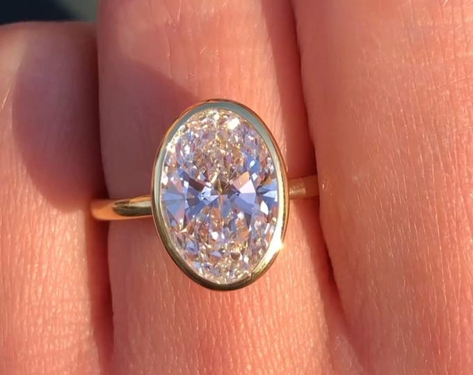 3CT Oval Cut Bezel Moissanite Engagement Ring Dainty Bezel Set Ring Solitaire Ring 14K Solid Gold Ring Anniversary Gift Handmade Jewelry