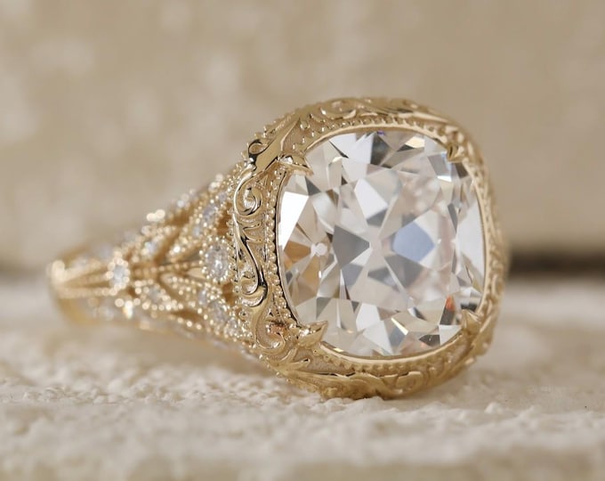 3.5CT OMC Cushion Cut Moissanite Engagement Ring 14k Gold Vintage Inspire Ring Art Deco Wedding Ring Antique Filigree Ring Anniversary Ring