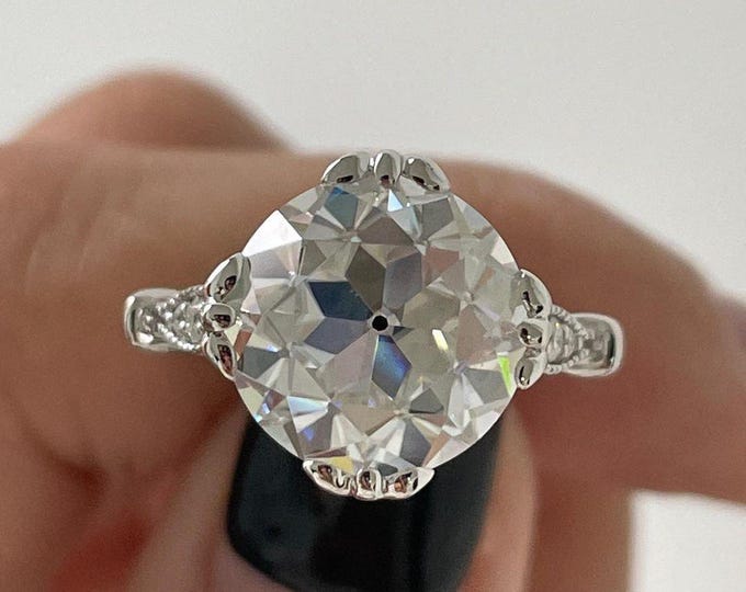 Vintage Style 3.6CT Round Moissanite Engagement Ring Art Deco Solitaire Ring with Diamond Accents White Gold Look Bridal Ring Gift for Her