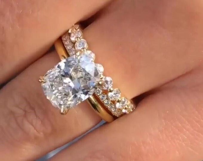 Three Ring Set 3.5 CT Elongated Cushion Cut Moissanite Engagement Ring Set 14K Solid Gold Wedding Anniversary Gift Ring For Women