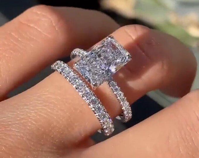 3.5 CT Radiant Moissanite Bridal Ring Set 14KT Gold Engagement Ring & Round Cut Band Perfect Anniversary Gift for Her Ring For Women