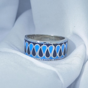 Sterling Silver Enamel Ring, Handmade Blue Enamel Band, Boho Wide Silver Ring, Unique Silver Jewelry, Statement Enamel Ring, Gift for Her