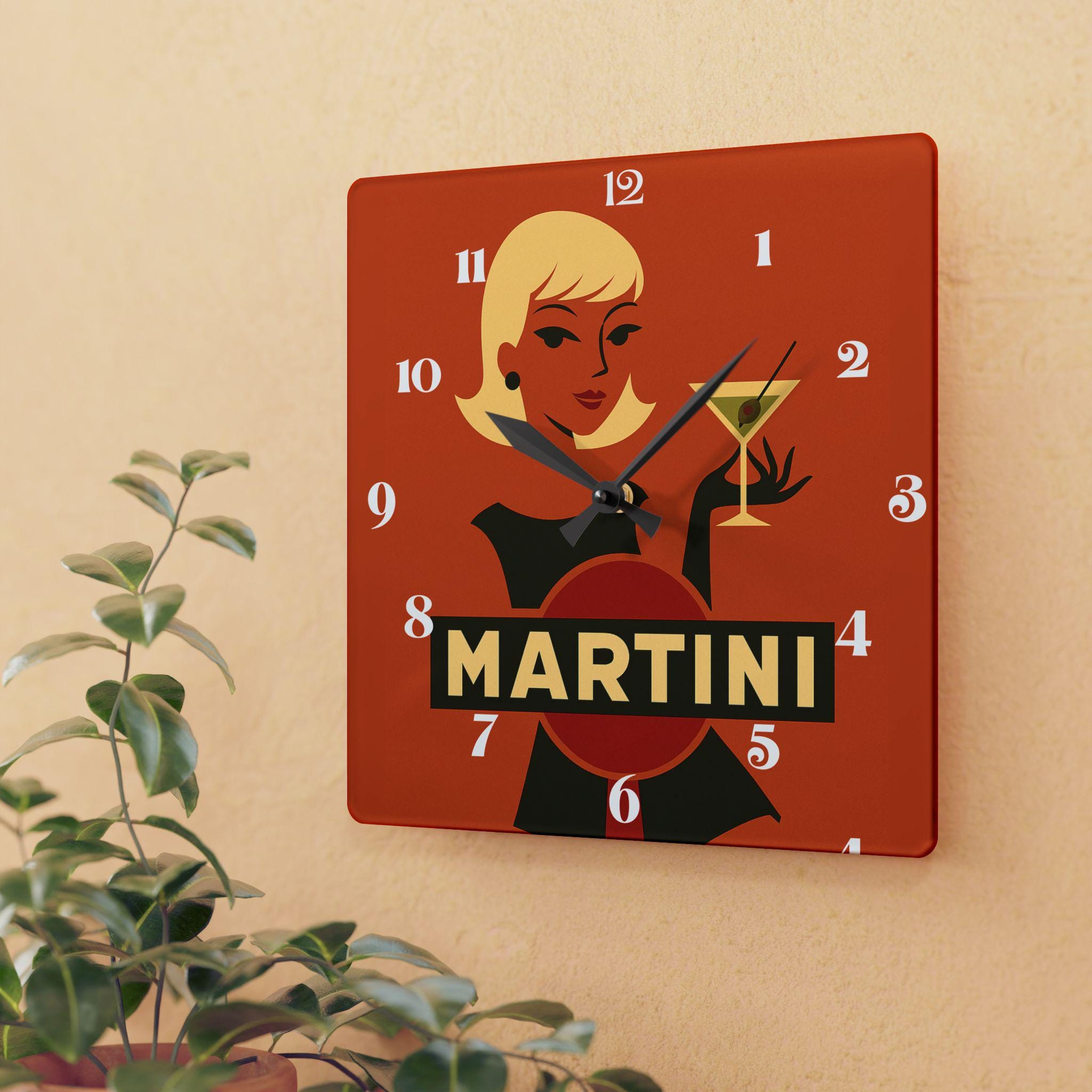 Retro Martini Acrylic Wall Clock - Mid-century Cocktail Decor