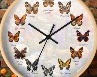 Butterfly Wall Clock: Colorful Butterfly Illustrations, Wooden Frame