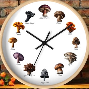 May include: A white clock face with a black clock hand and a wooden frame. The clock face features different types of mushrooms with their names printed below each mushroom.